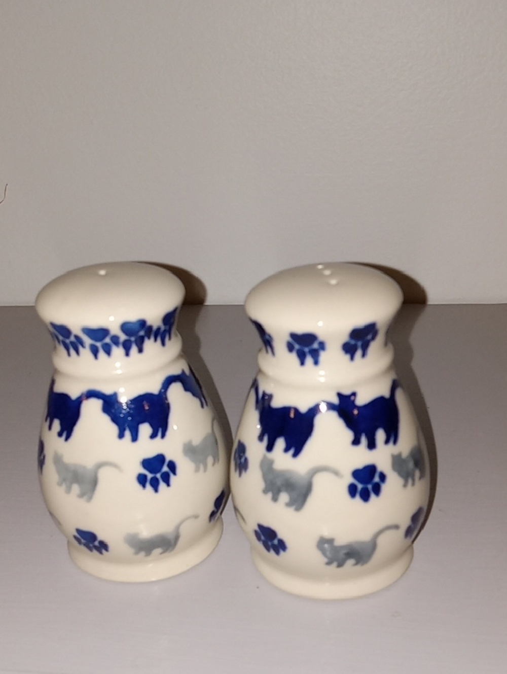 Polish Pottery Ceramic Blue and Gray Cat Print Salt & Pepper Shakers NWOTS